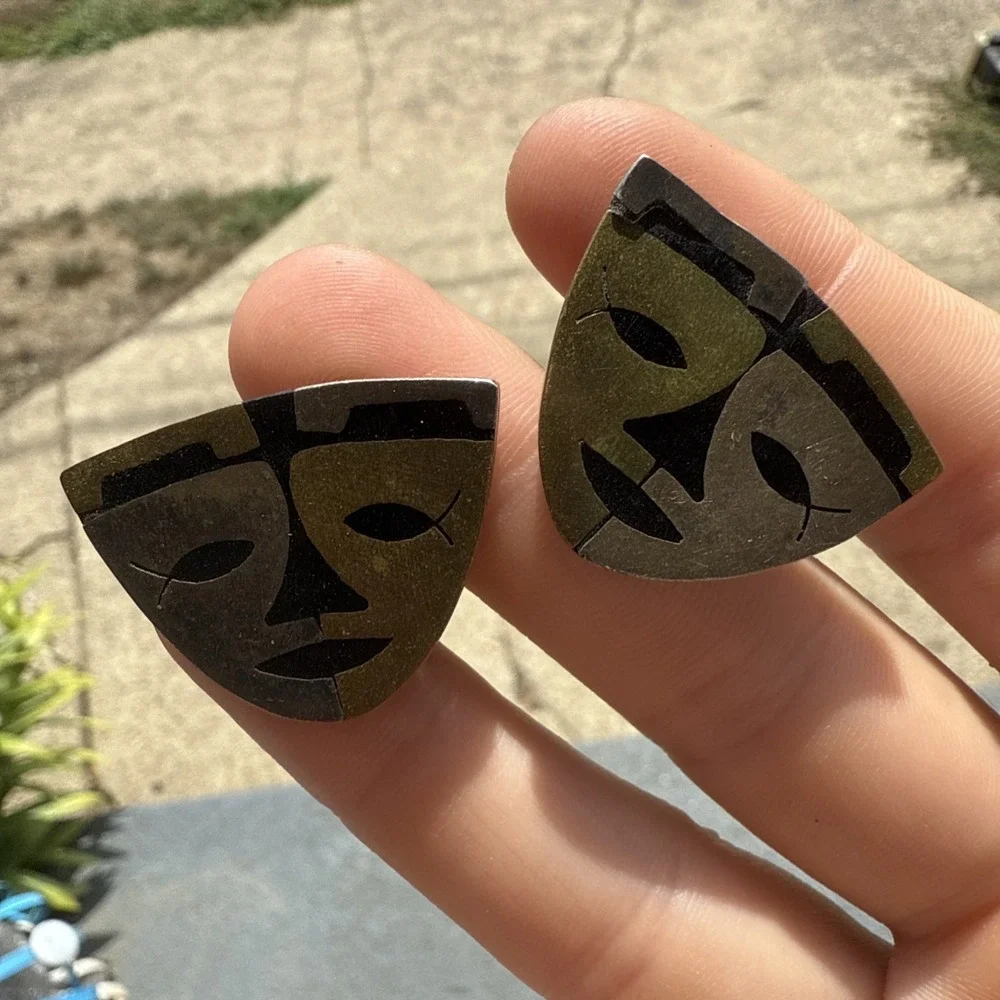 Vintage MCM‎ 1950 Mexican Sterling Mask Face Cool Cuff Links & Tie Clip